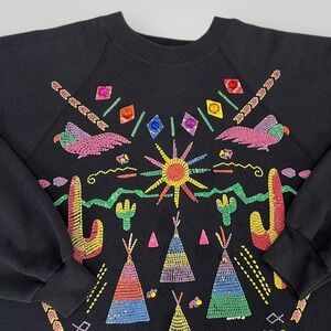 VTG 80s P.G.B. Sweatshirt Womens One Size Black Southwestern‎ Jeweled Sun USA